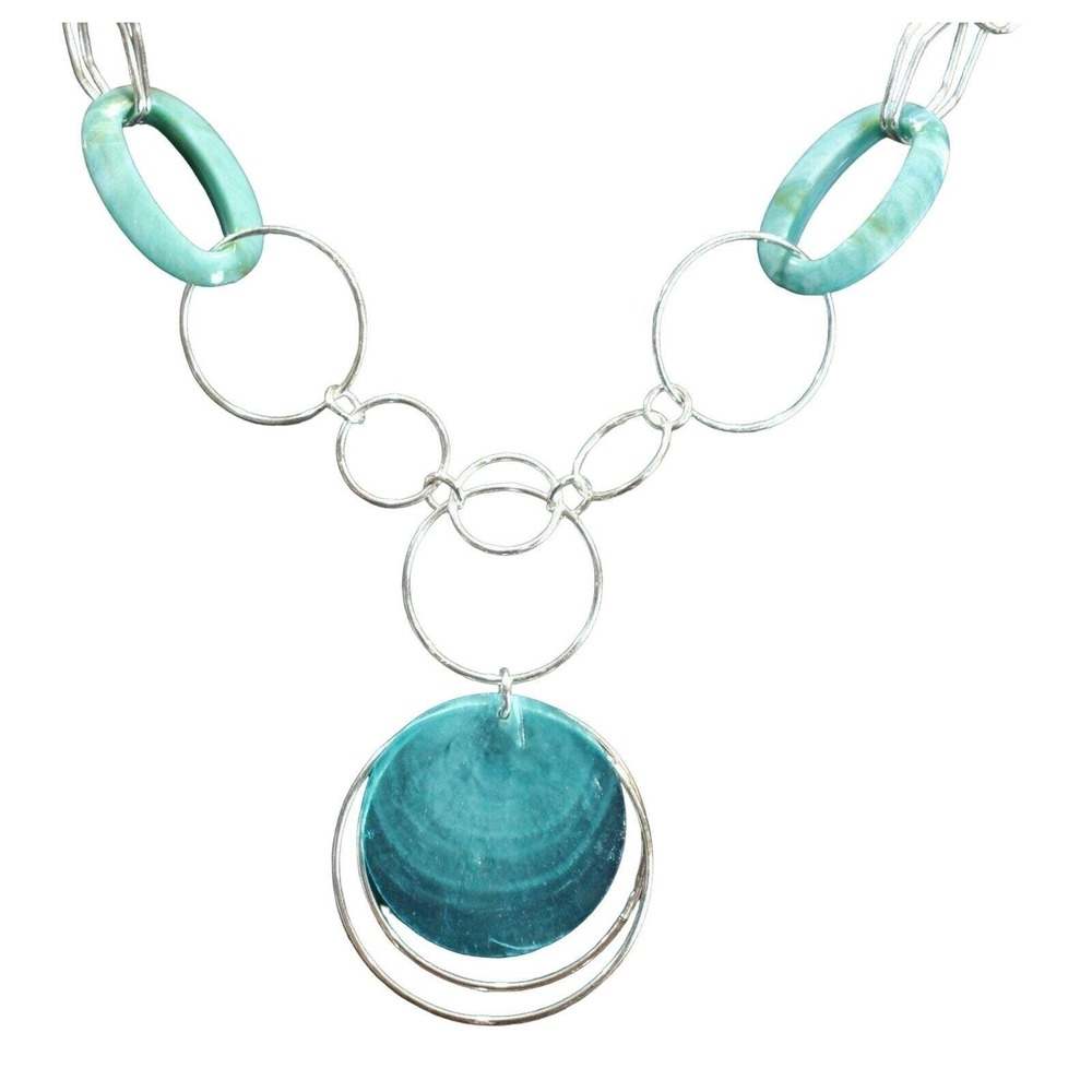 Avon Long Link Pendant Necklace Turquoise Silver Tone‎ Chain & Geometric Design